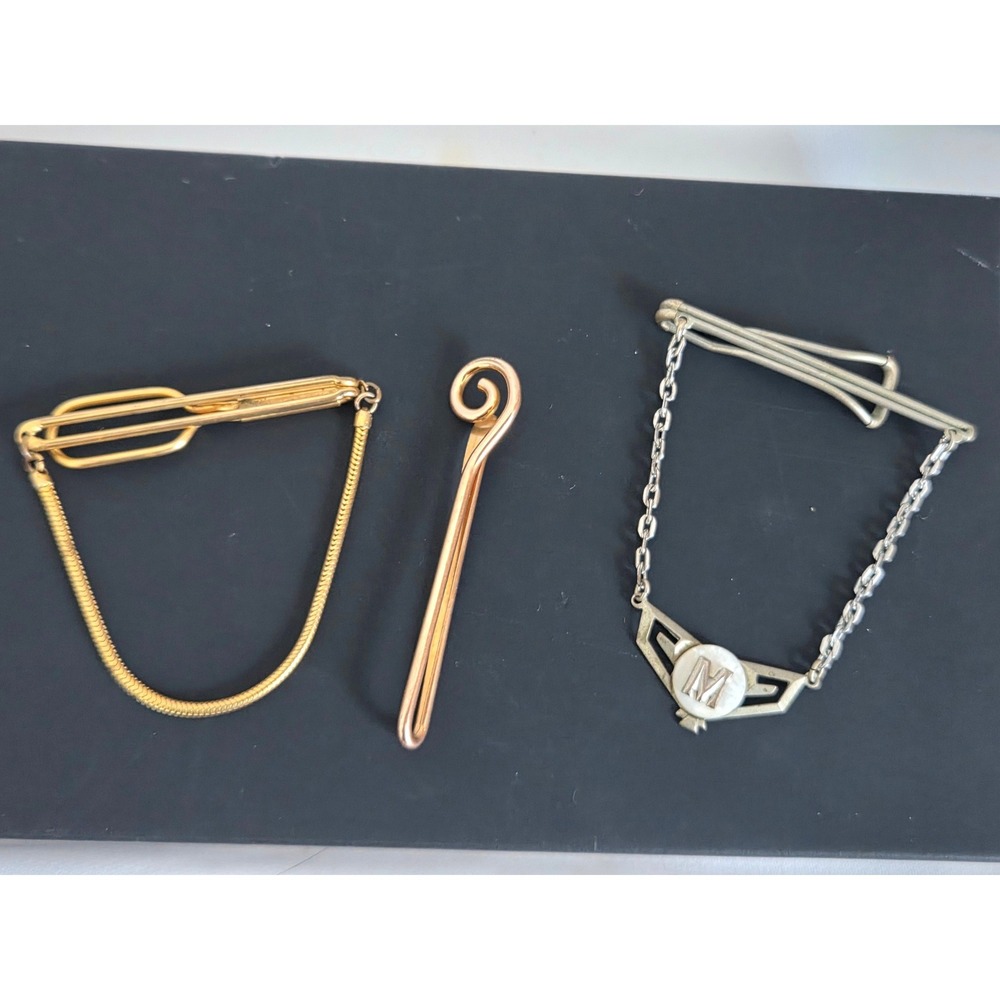 3 Vintages Tie Clips, Gold Silver Tone Art Deco Initial M Mother of Pearl